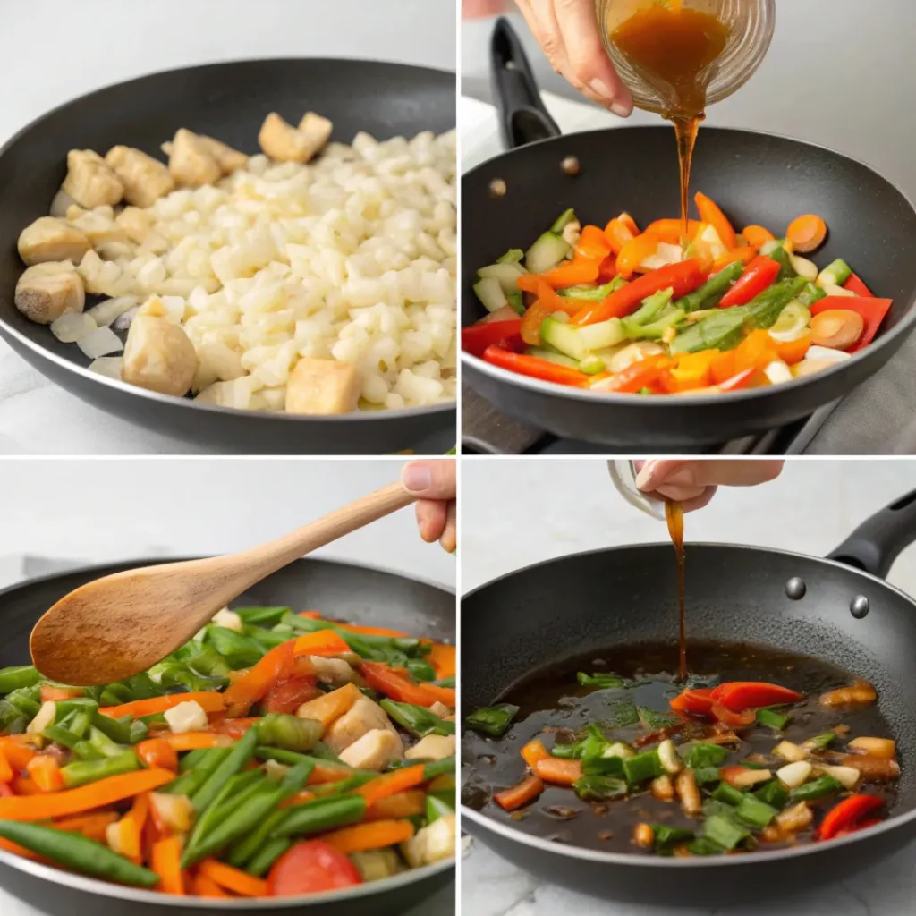 Step-by-step collage showing preparation of vegetable stir-fry