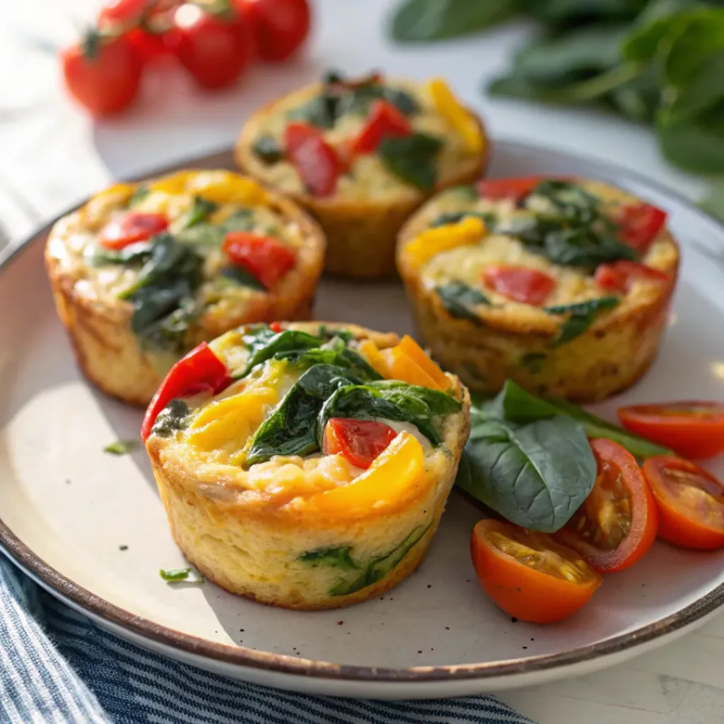 Plate of baked veggie egg muffins with colorful vegetables