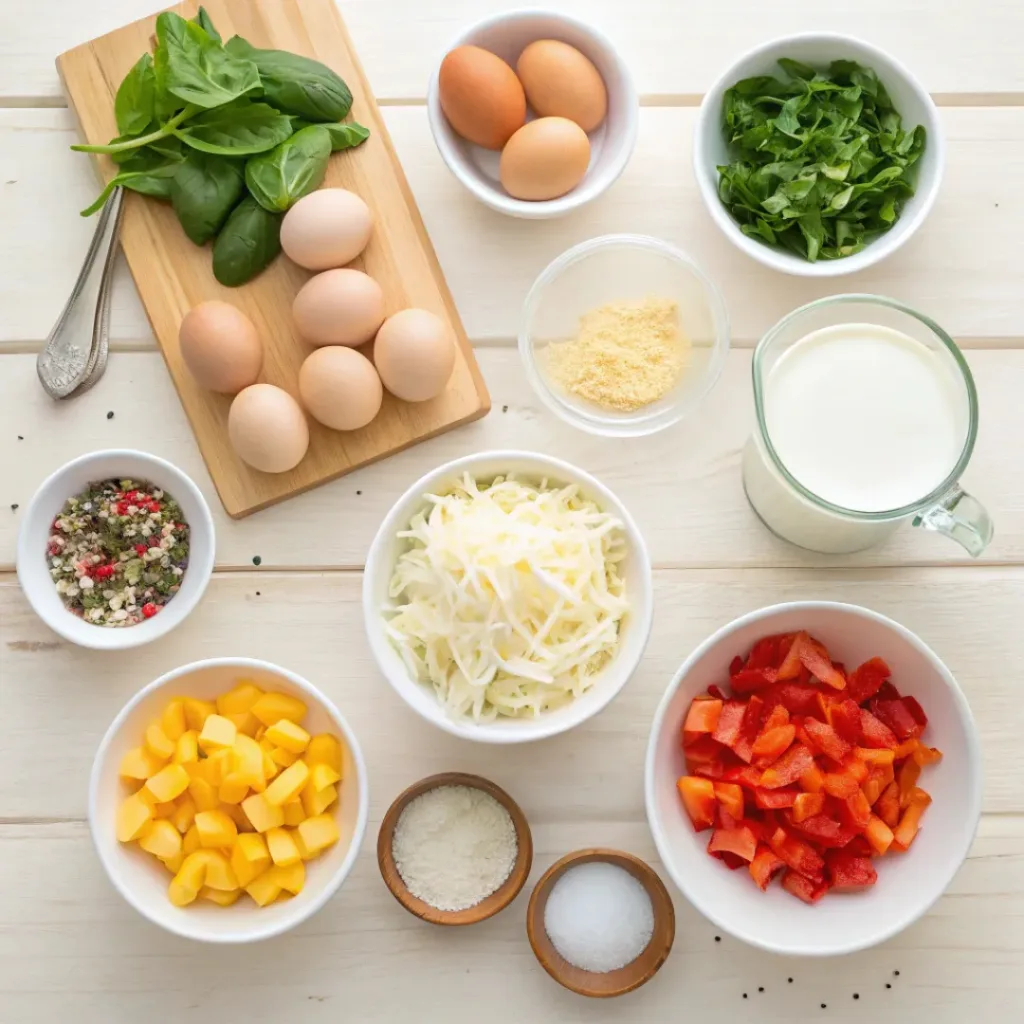 Flat lay of eggs, bell peppers, spinach, onions, and cheese