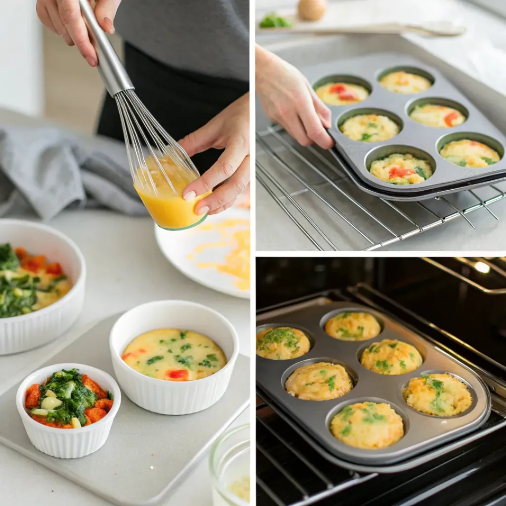 Collage showing steps to make Veggie Egg Muffins