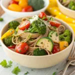 Bowl of colorful veggie pasta with fresh vegetables