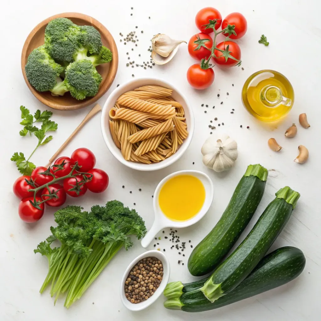 Flat lay of pasta, vegetables, herbs, and sauce ingredients