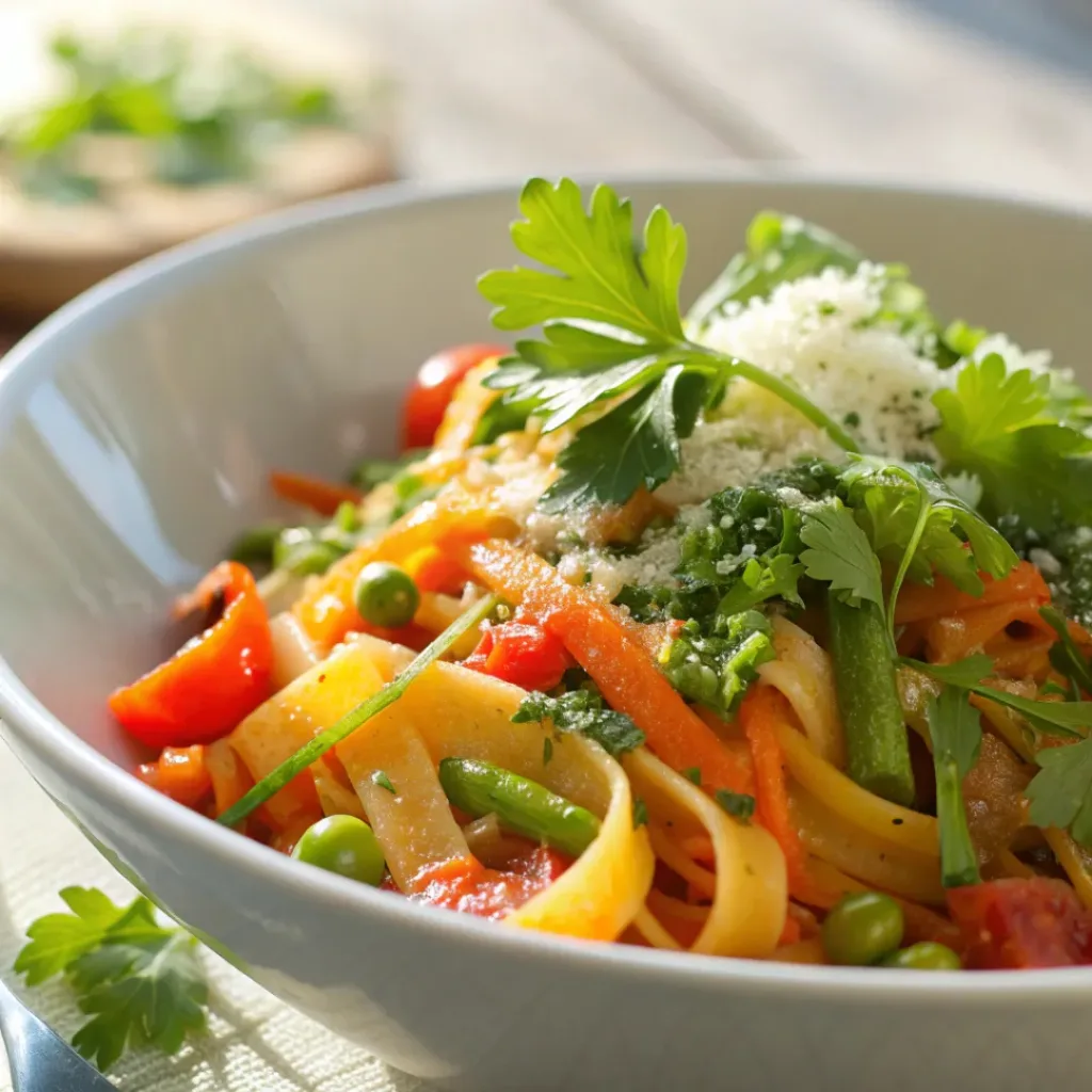 Veggie Pasta Bowl served with fresh herbs and parmesan