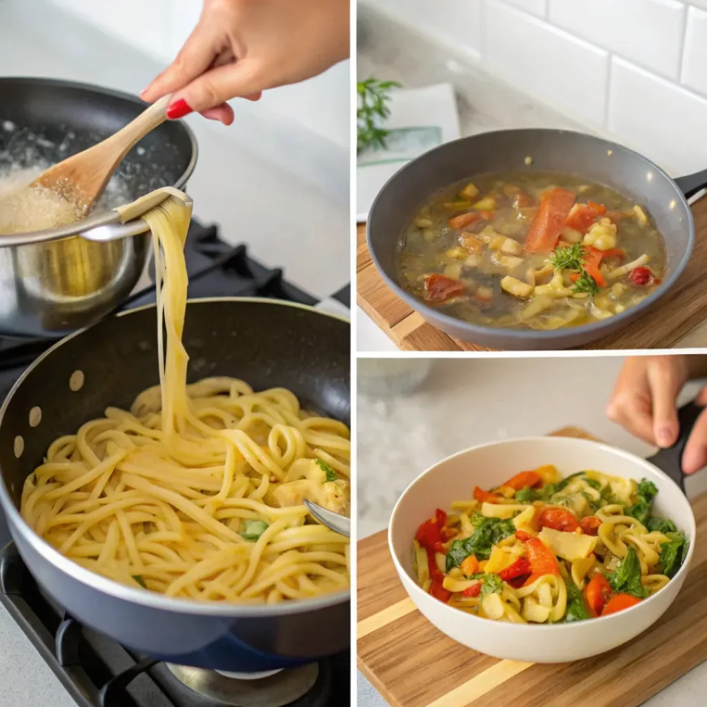 Collage showing steps to prepare Veggie Pasta Bowl