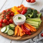 Fresh colorful veggie platter with dip on a wooden board