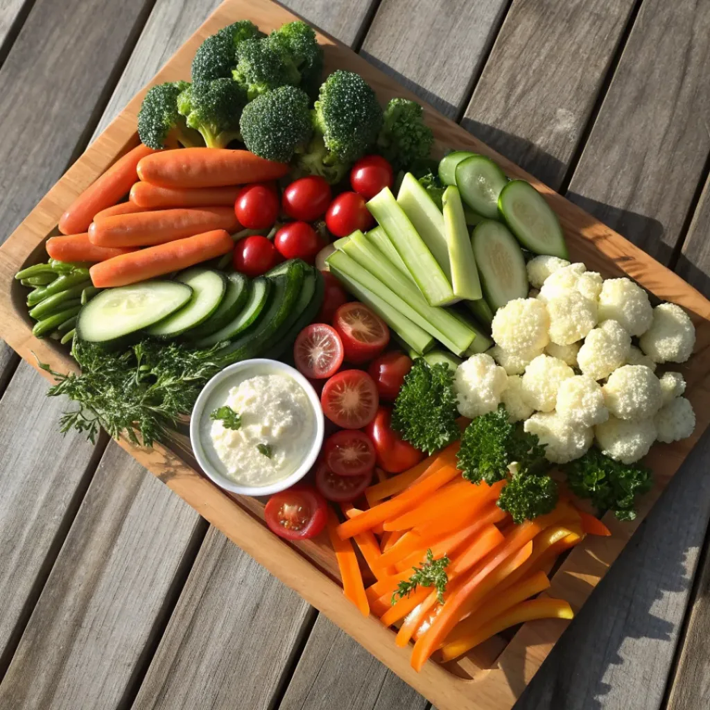 Fresh Homemade Veggie Platter 6 Overhead flat lay of fresh vegetables for a veggie platter