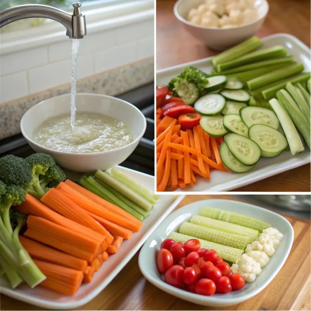 Fresh Homemade Veggie Platter 7 Step-by-step collage showing preparation of a veggie platter