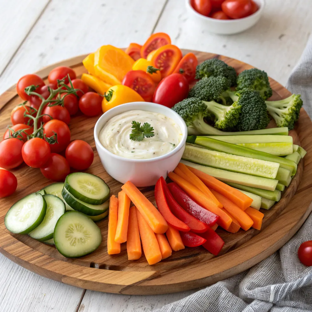 Fresh colorful veggie platter with dip on a wooden board