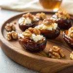 Dates stuffed with feta cheese and walnuts, drizzled with honey