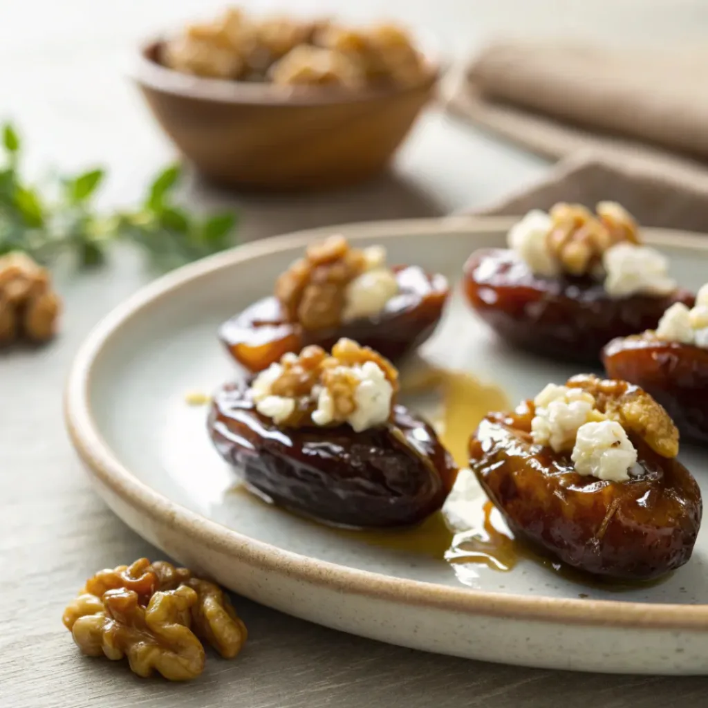 Dates stuffed with feta and walnuts, drizzled with honey, served on a plate