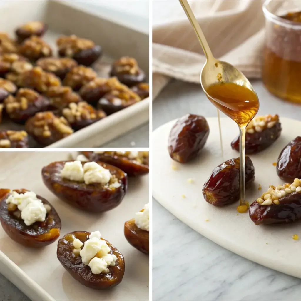 Step-by-step collage showing preparation of walnut and feta stuffed dates