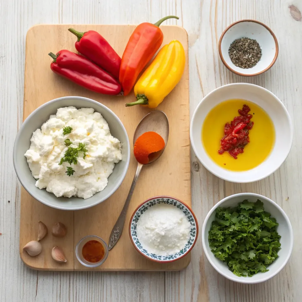 Flat lay of cottage cheese, chili peppers, spices, and lemon for dip