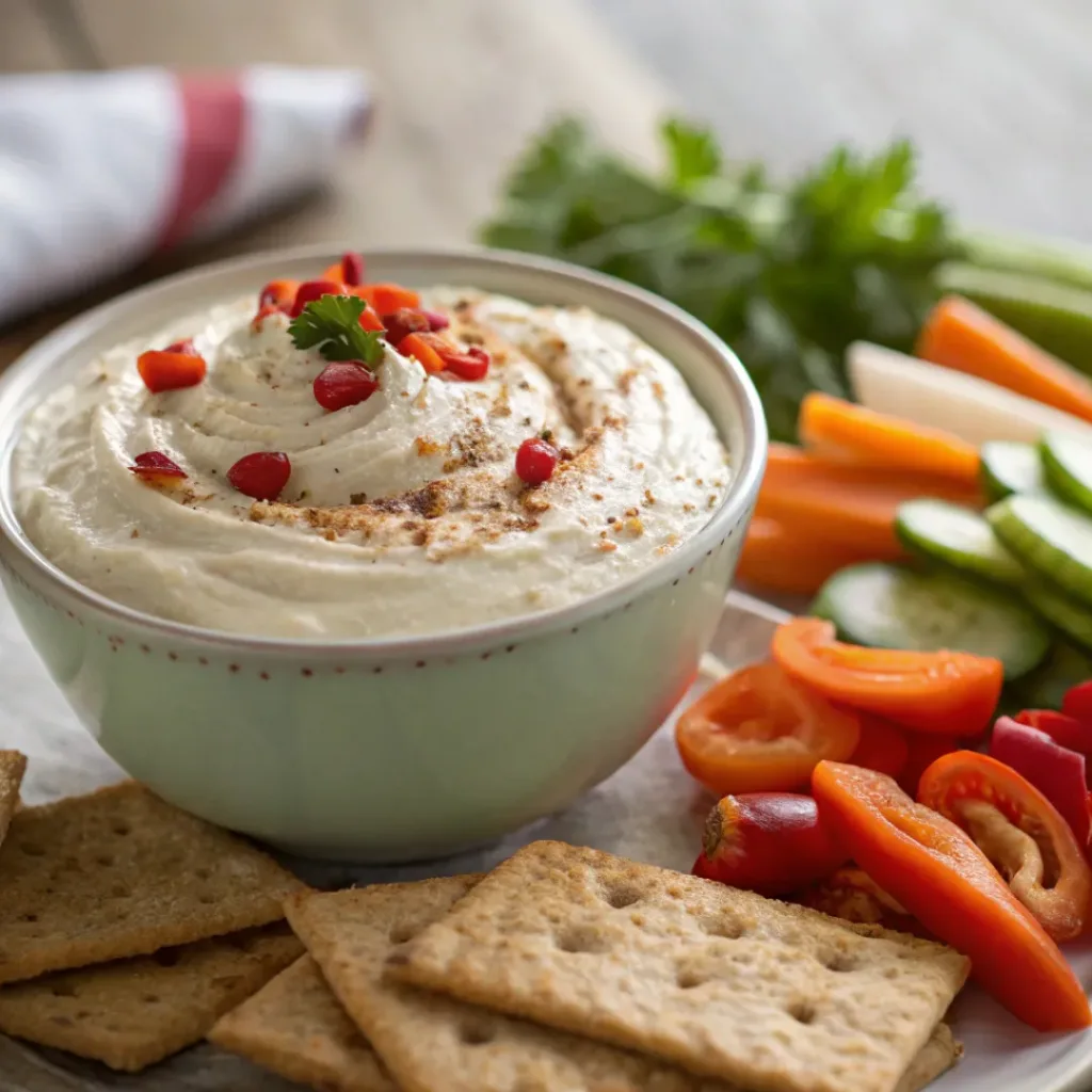 Whipped spicy cottage cheese dip served with fresh vegetables and crackers