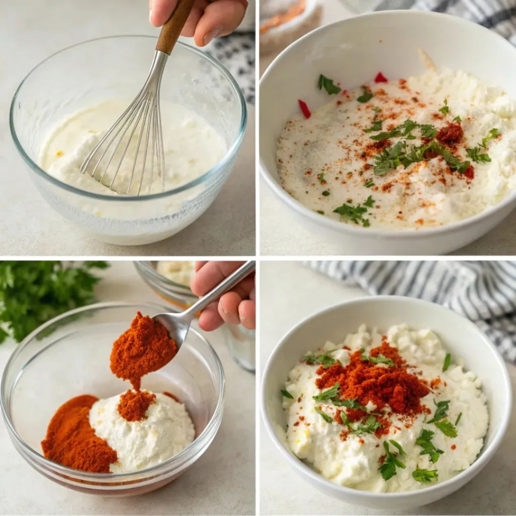 Step-by-step collage showing preparation of whipped spicy cottage cheese dip
