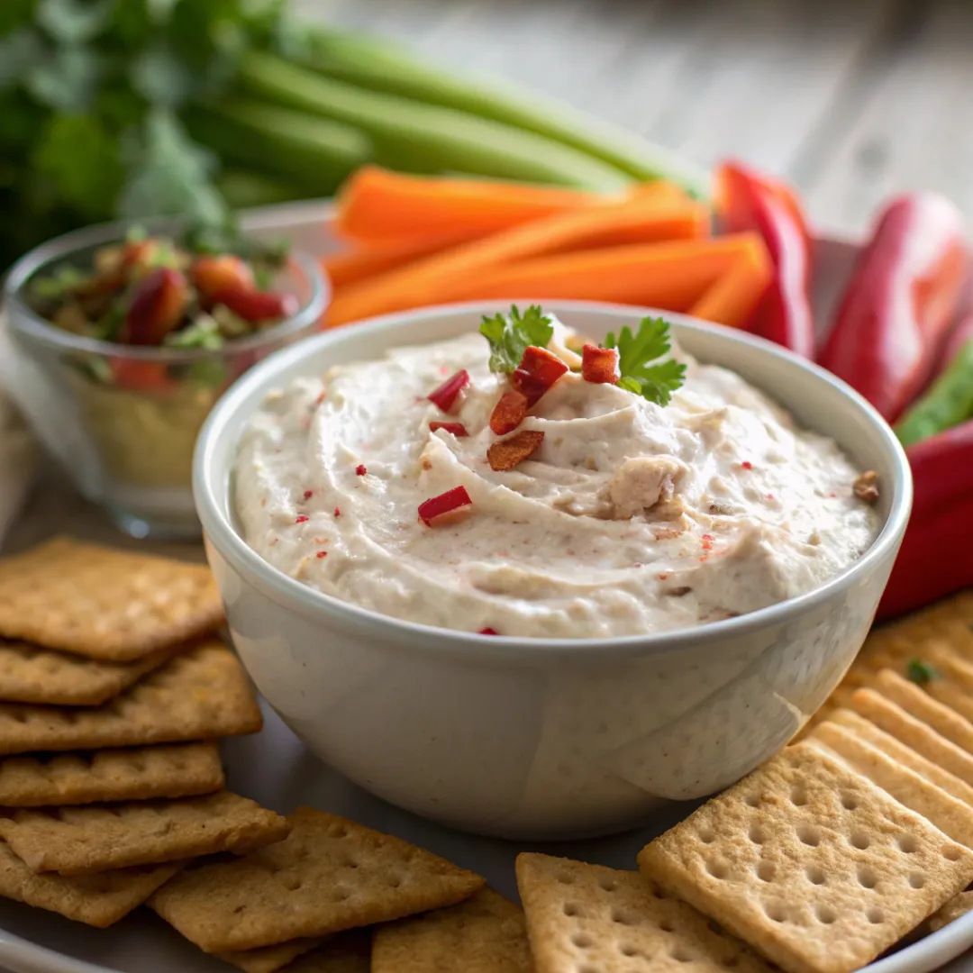 Bowl of whipped spicy cottage cheese dip garnished with chili and parsley