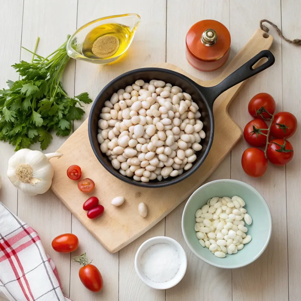 Hearty, Flavorful, and Easy White Beans Skillet 6 Overhead flat lay of ingredients for white beans skillet