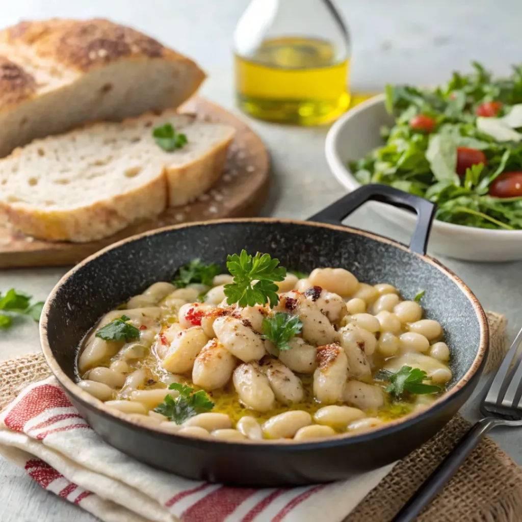 Hearty, Flavorful, and Easy White Beans Skillet 8 White beans skillet served with crusty bread and garnish