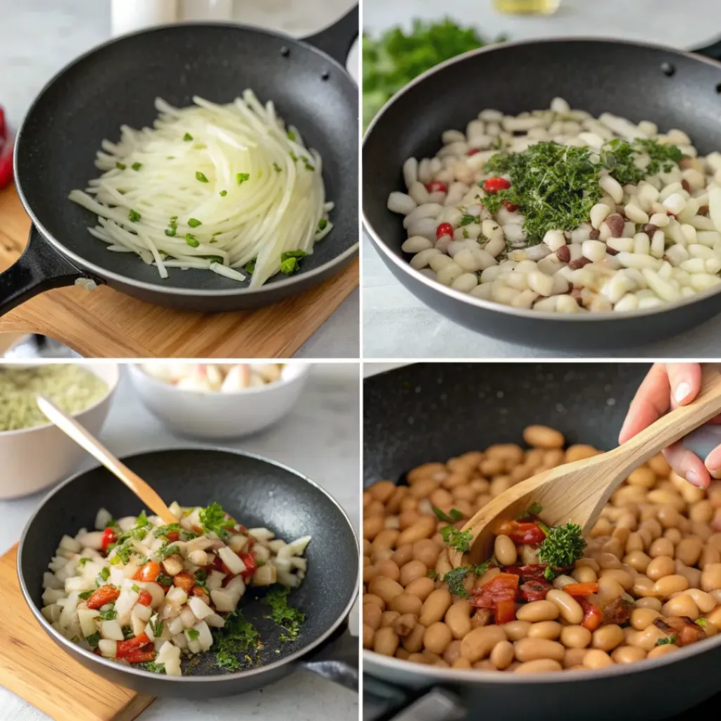 Hearty, Flavorful, and Easy White Beans Skillet 7 Step-by-step collage showing preparation of white beans skillet