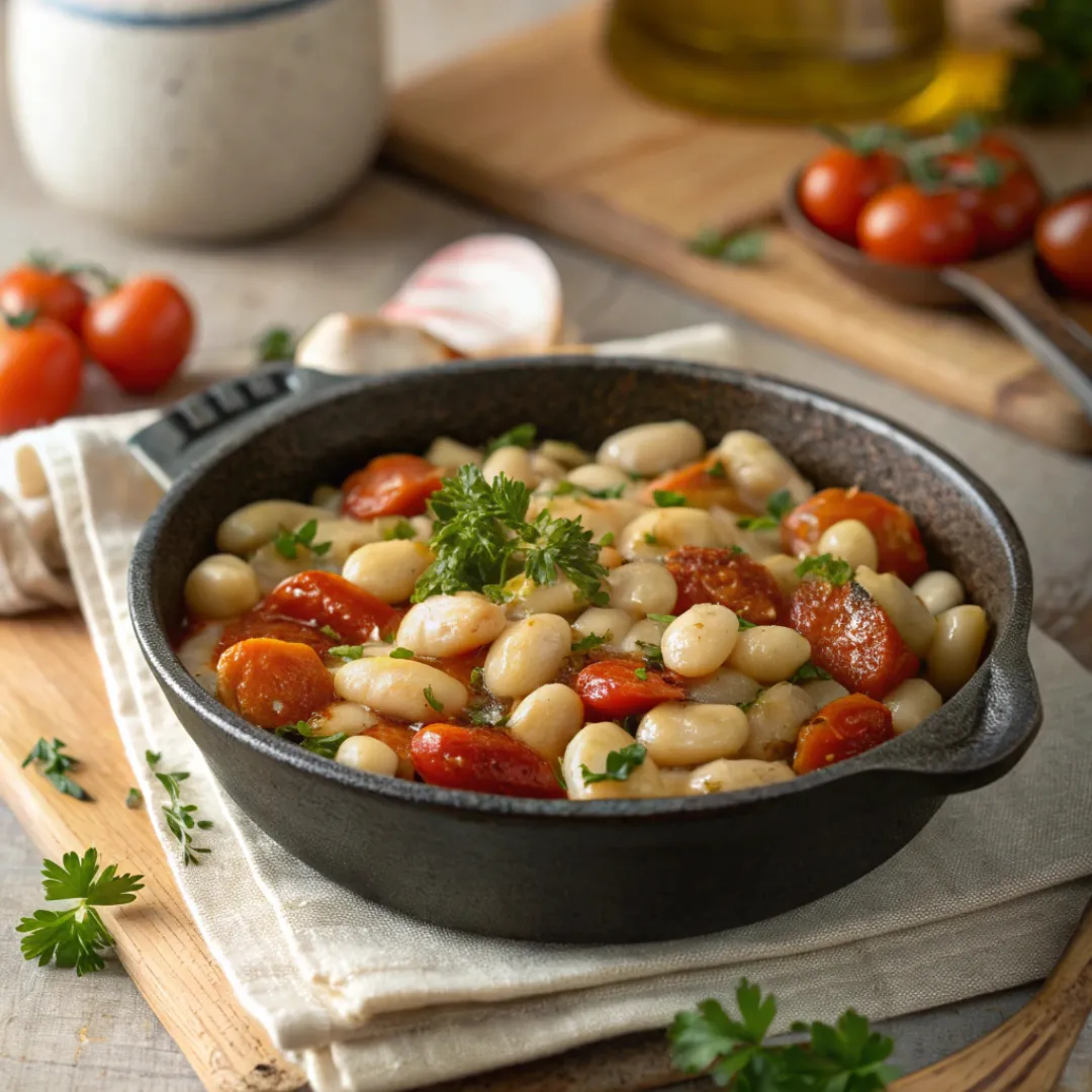 White beans skillet cooked with garlic, herbs, and vegetables