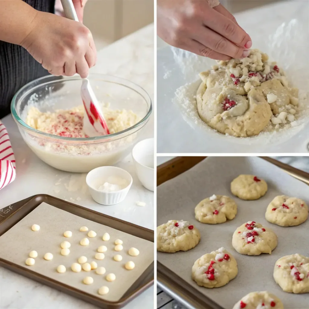 White Chocolate Candy Cane Cookies 7 Collage showing steps to make White Chocolate Candy Cane Cookies