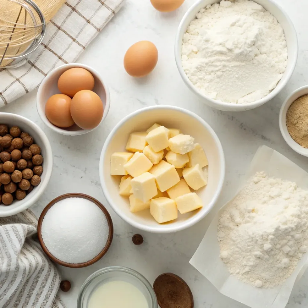 Flat lay of flour, sugar, butter, eggs, white chocolate, and macadamia nuts