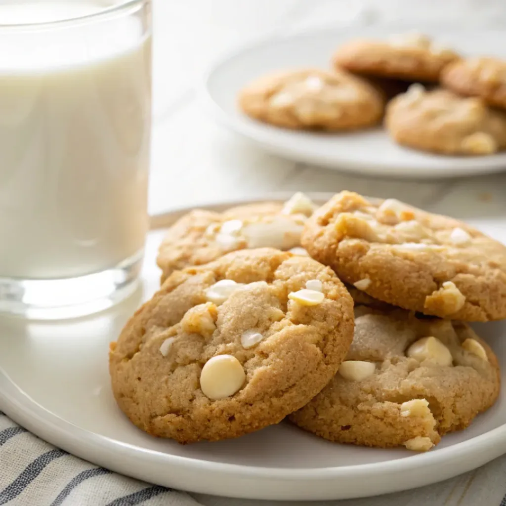 White Chocolate Macadamia Nut Cookies served with a glass of milk