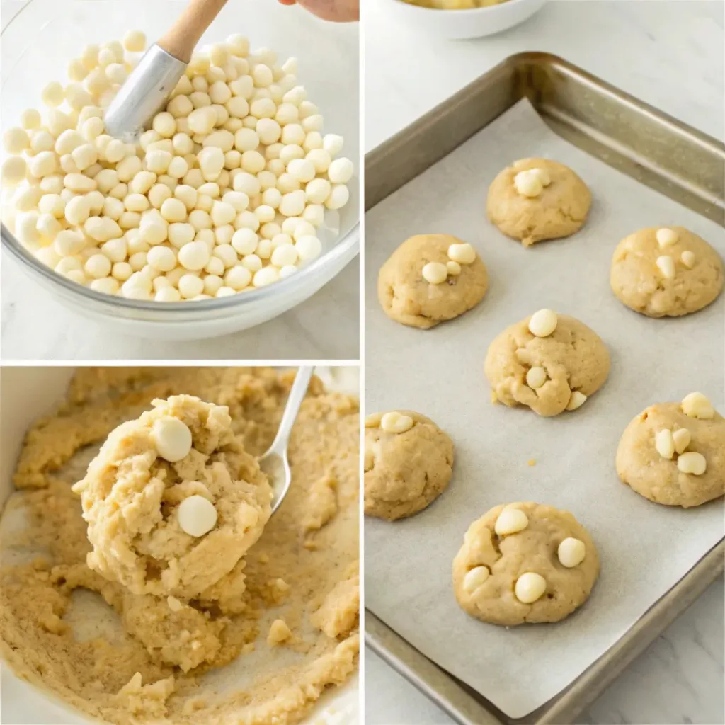 Collage showing steps to make White Chocolate Macadamia Nut Cookies