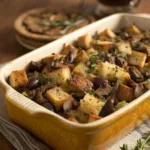 Rustic mushroom and chestnut stuffing in a baking dish