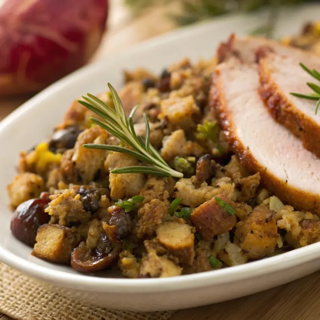 Mushroom and chestnut stuffing served on a plate
