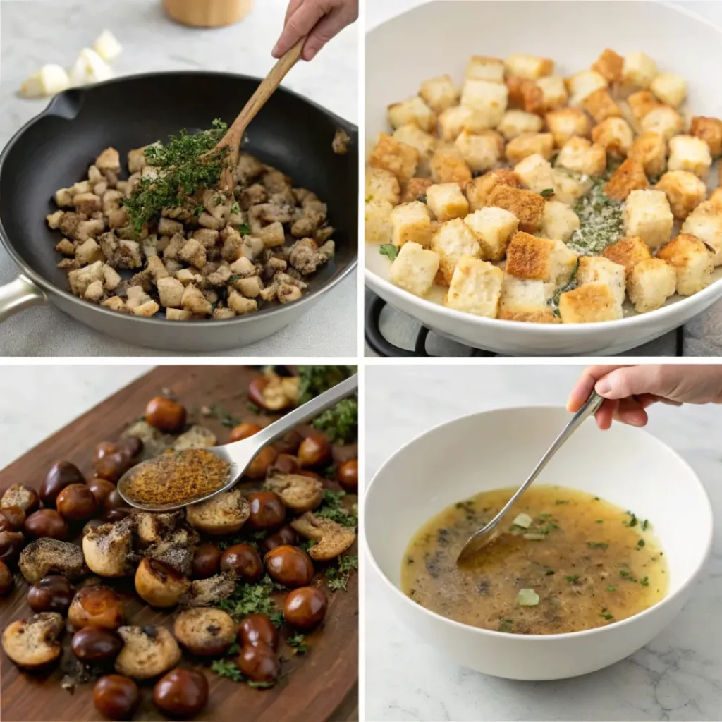 Collage showing steps to make mushroom and chestnut stuffing