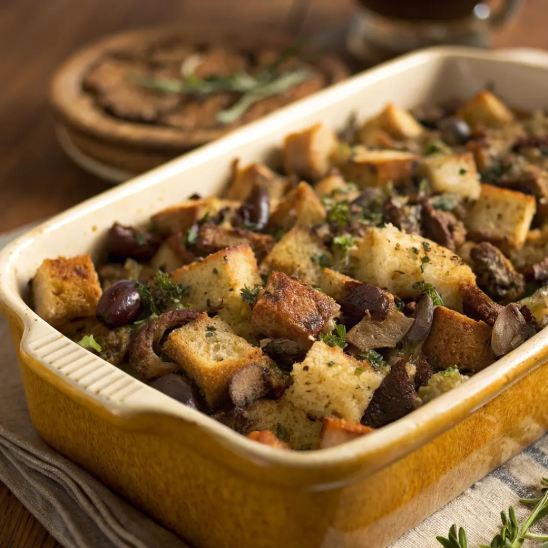 Rustic mushroom and chestnut stuffing in a baking dish
