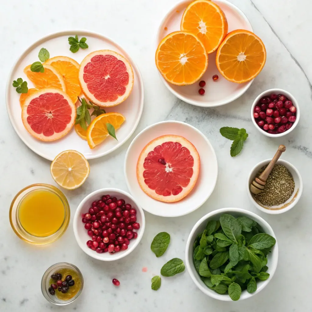 Flat lay of fresh ingredients for winter citrus salad