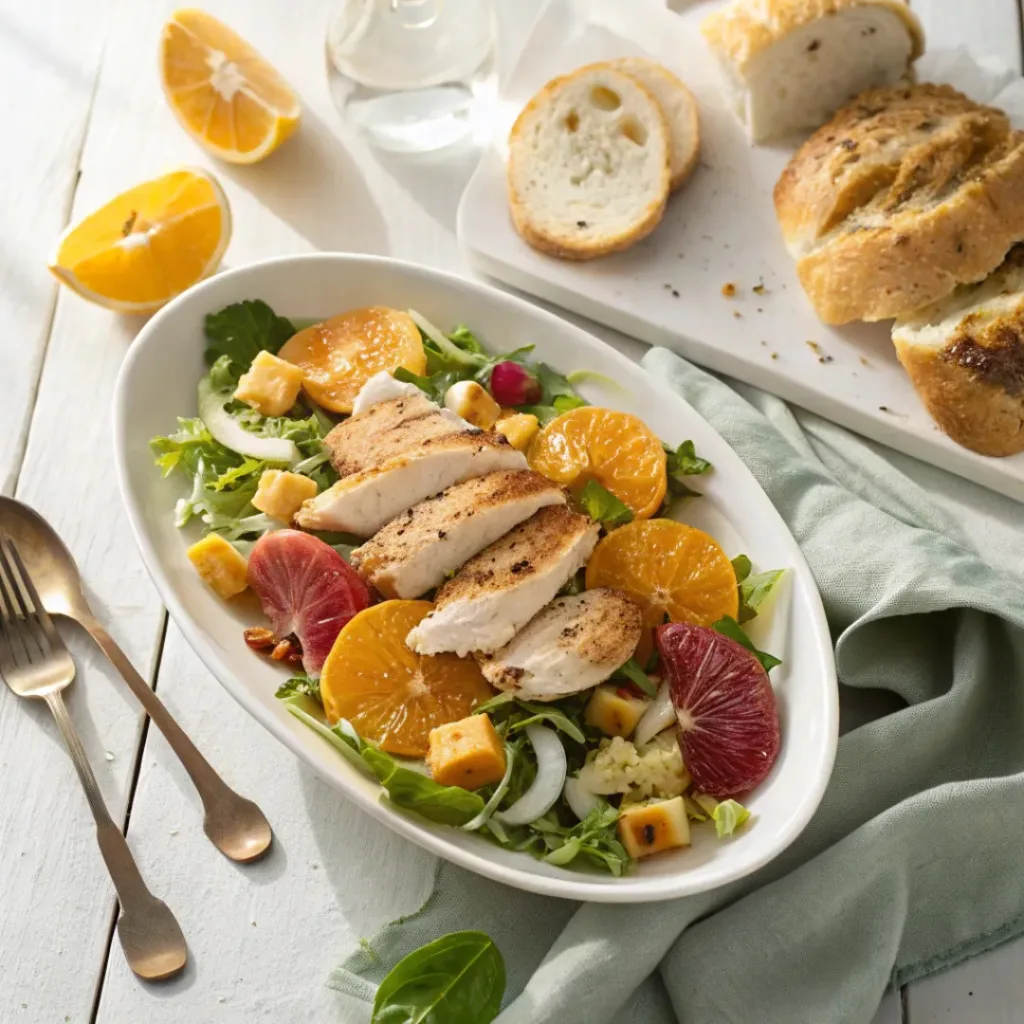 Plate of winter citrus salad served with bread and grilled chicken