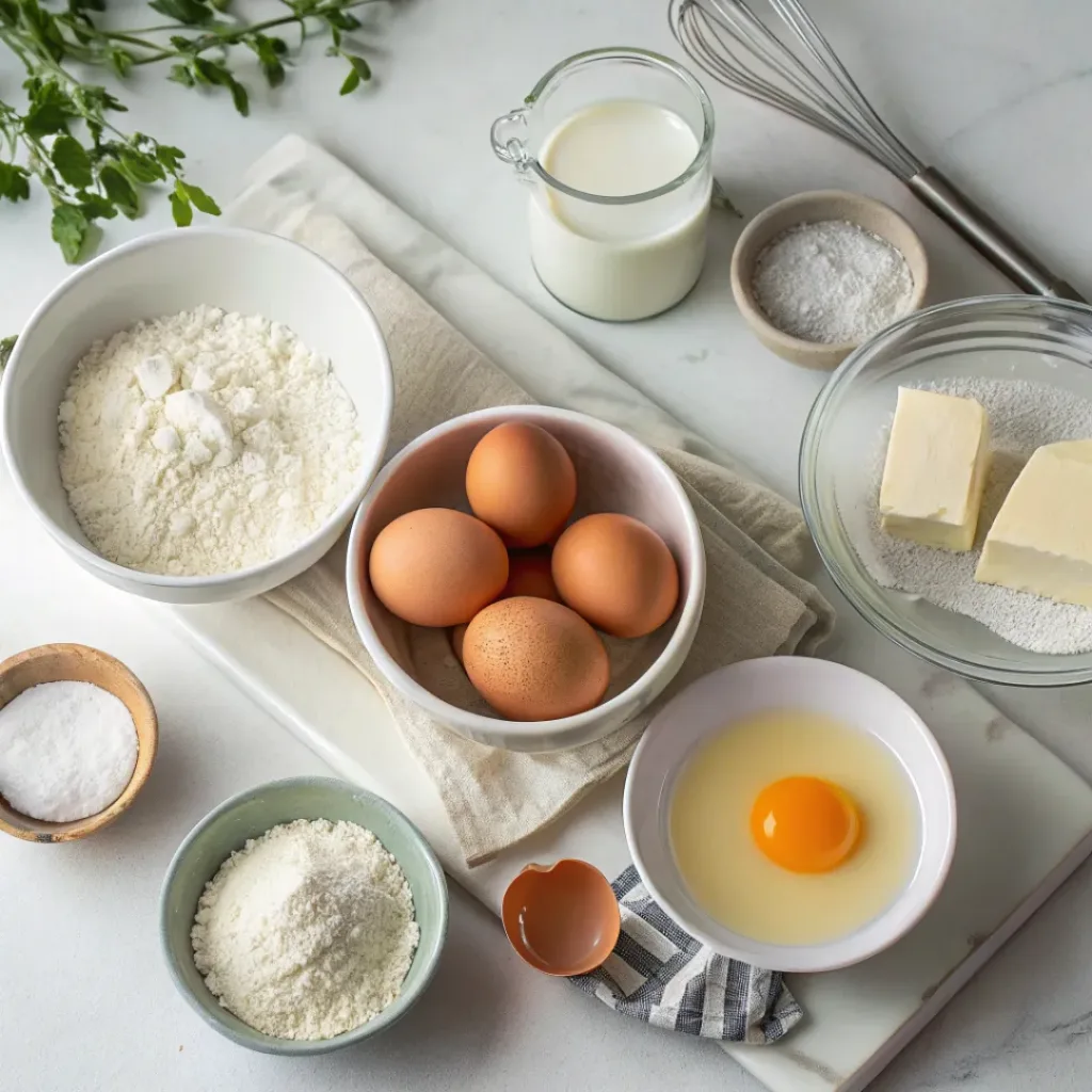 Flat lay of eggs, flour, milk, and seasonings