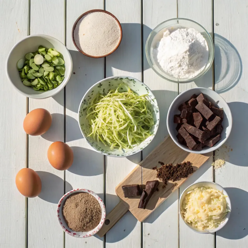 Flat lay of Zucchini Brownies ingredients