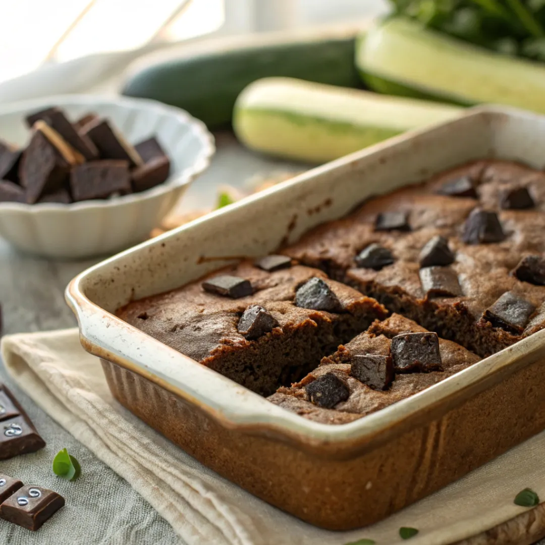 Close-up of Zucchini Brownies in a baking dish