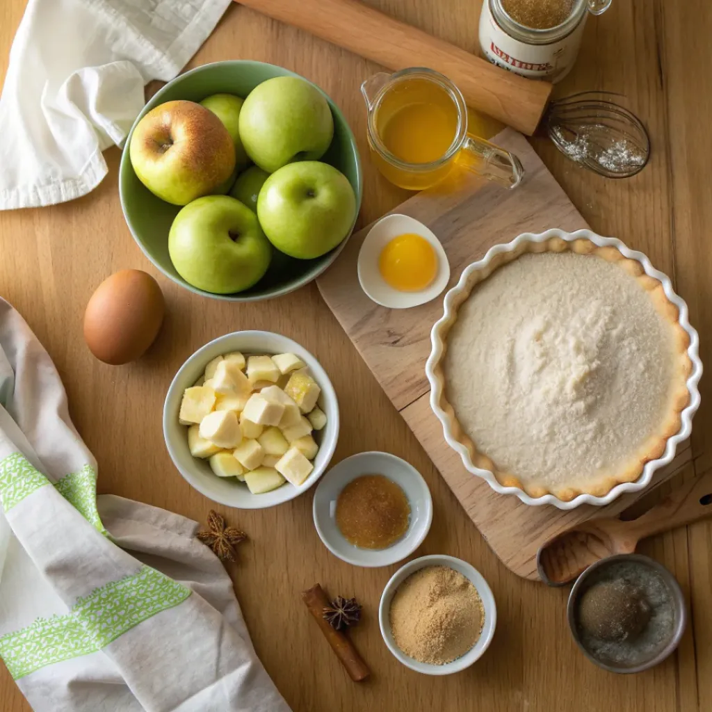 Flat lay of ingredients for homemade apple pie