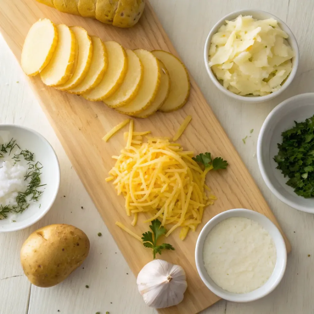 Easy Cheesy Potato Stackers for Any Meal 6 Overhead flat lay of ingredients for cheesy potato stackers