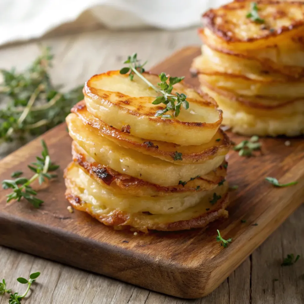 Easy Cheesy Potato Stackers for Any Meal 8 Golden cheesy potato stackers served with sour cream and herbs