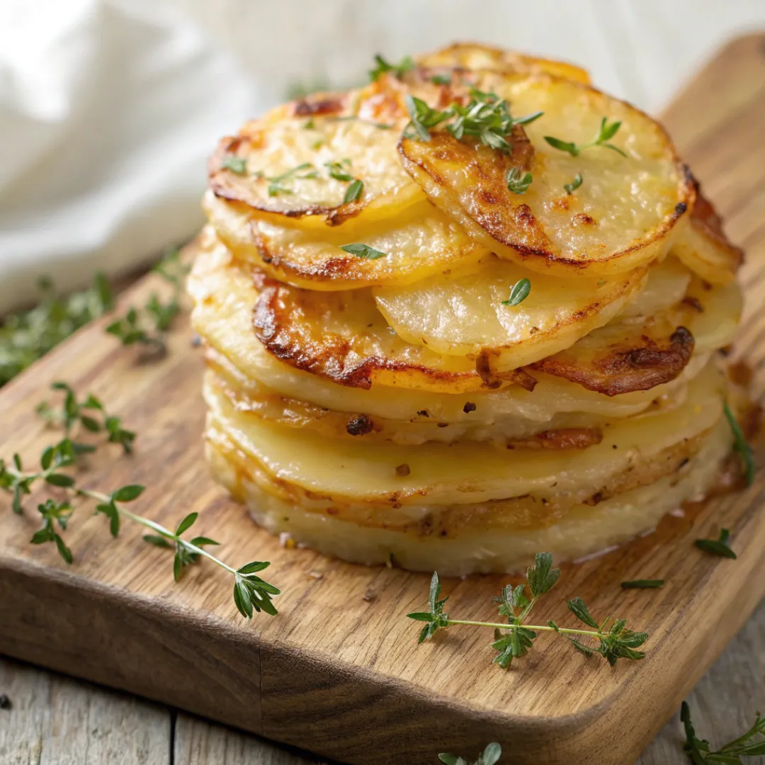 Golden cheesy potato stackers with melted cheese and herbs