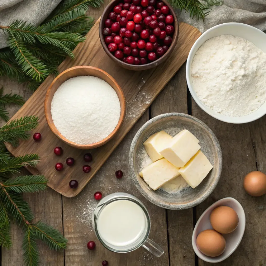 Flat lay of fresh cranberries, butter, flour, and sugar for cranberry cobblers