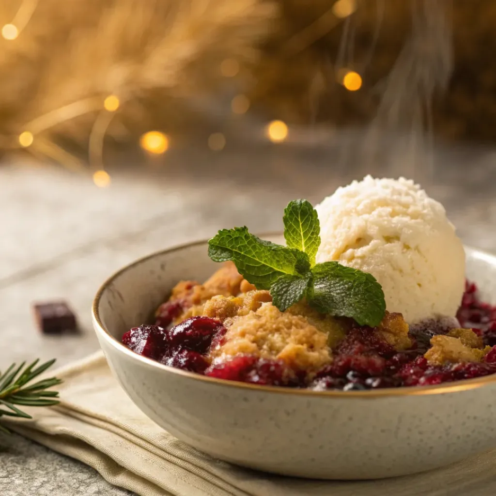 Warm cranberry cobbler with vanilla ice cream on top