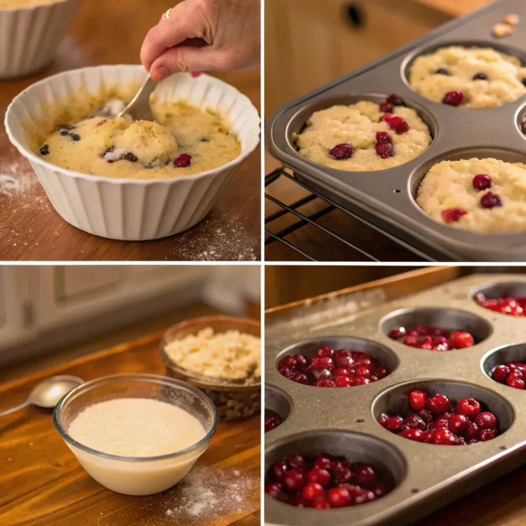 Step-by-step collage showing preparation of cranberry cobblers