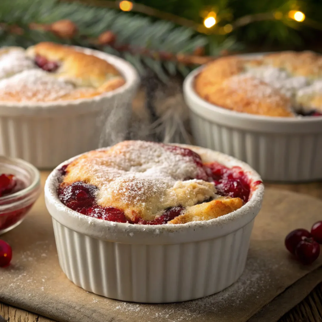 Freshly baked cranberry cobblers in ramekins with golden crust and bubbling cranberry filling