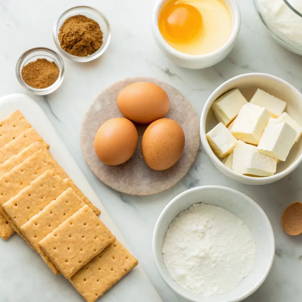 Flat lay of cream cheese, sugar, eggs, crust ingredients, and vanilla