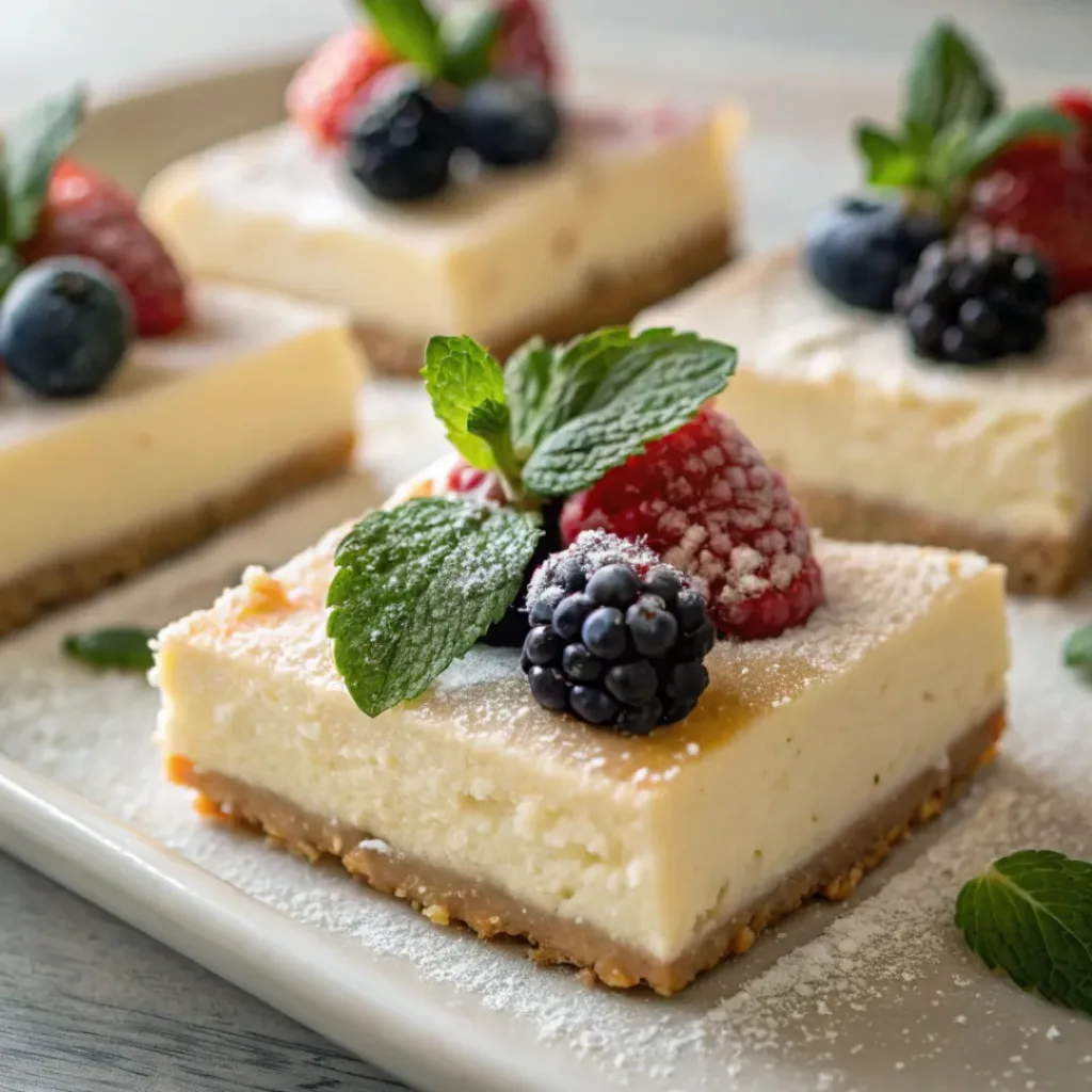 Cheesecake bars served with berries and whipped cream