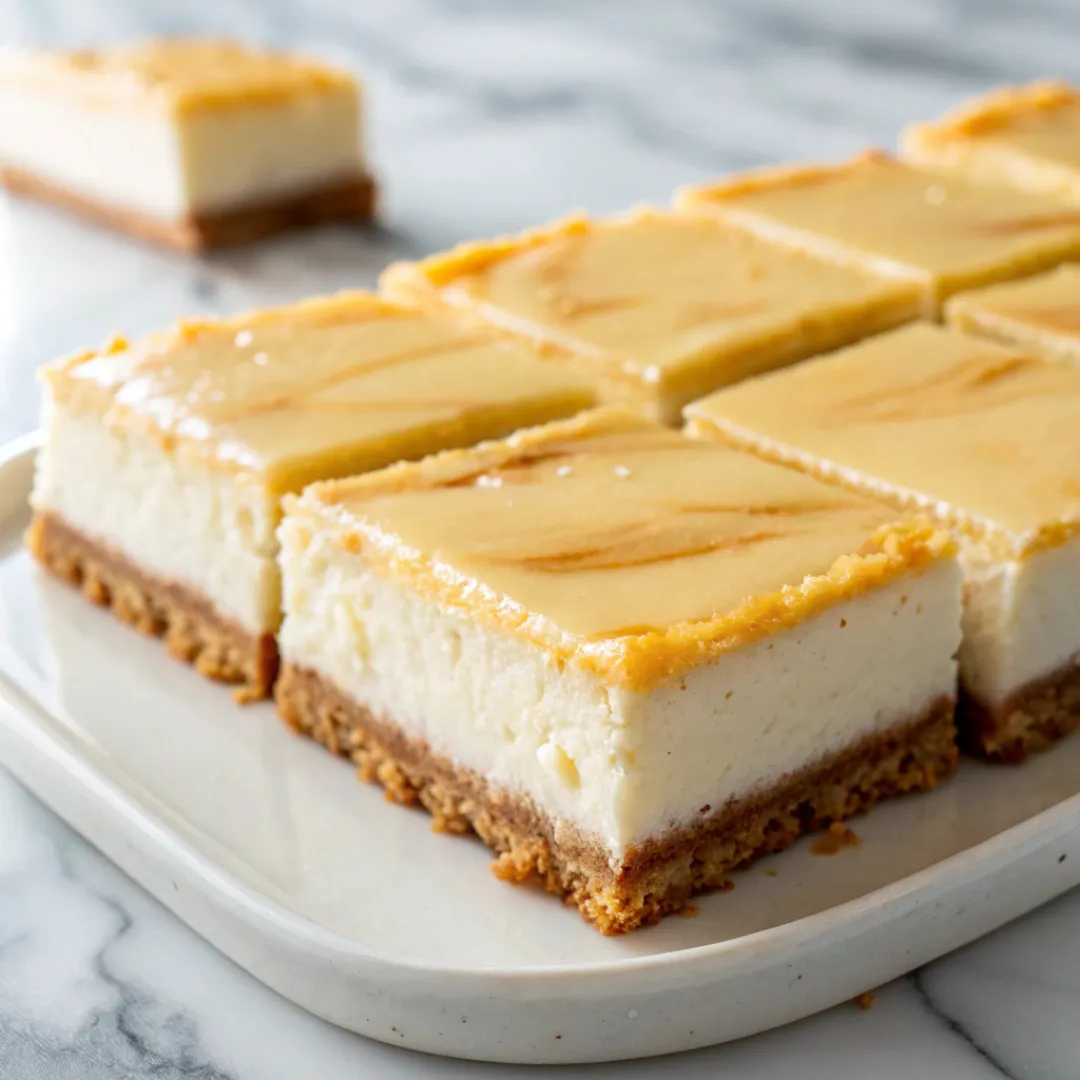 Creamy cheesecake bars sliced neatly on a platter