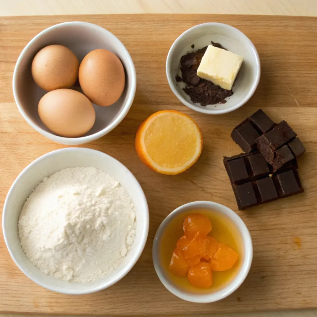 Flat lay of eggs, flour, sugar, butter, chocolate, and orange marmalade for Jaffa cakes