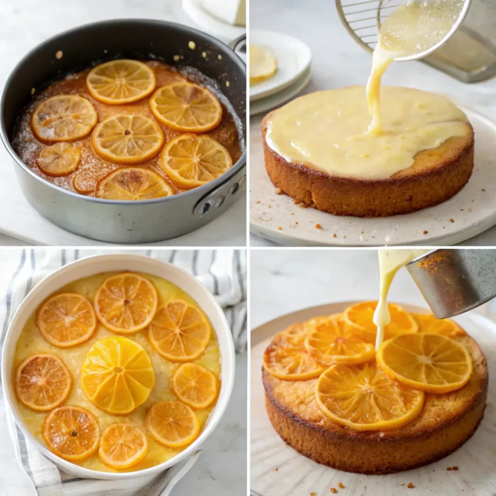Step-by-step collage showing preparation of citrus upside down cake