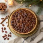 Traditional pecan pie with glossy pecan topping and flaky crust